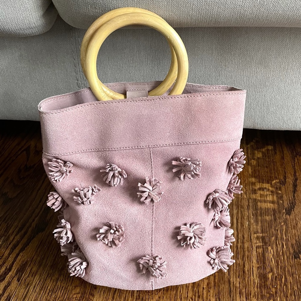 Anthropologie Blush Pink Suede Tote with Wooden Ring Handles